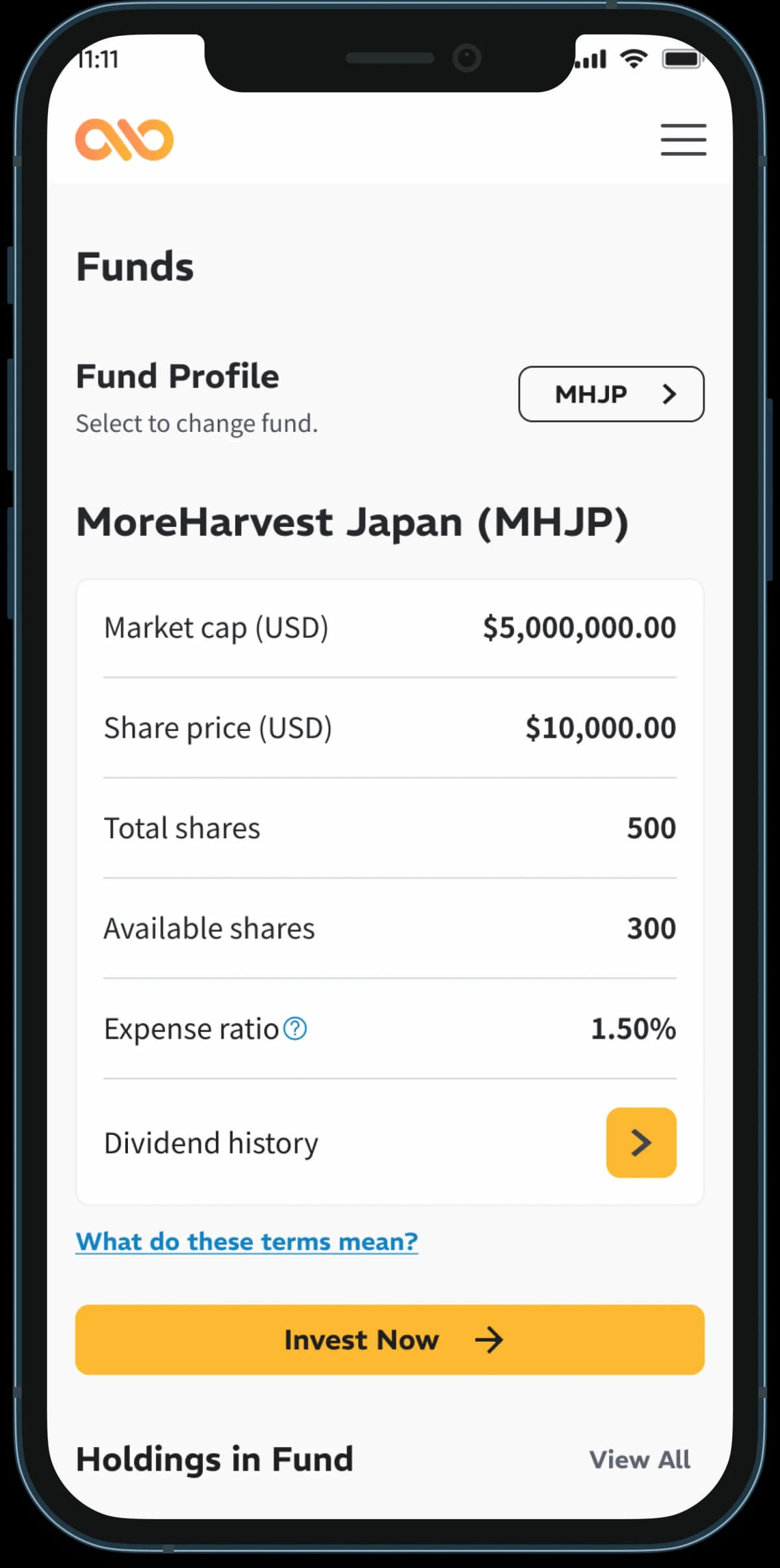 Fund profile screen showing market cap, share price, and investment details