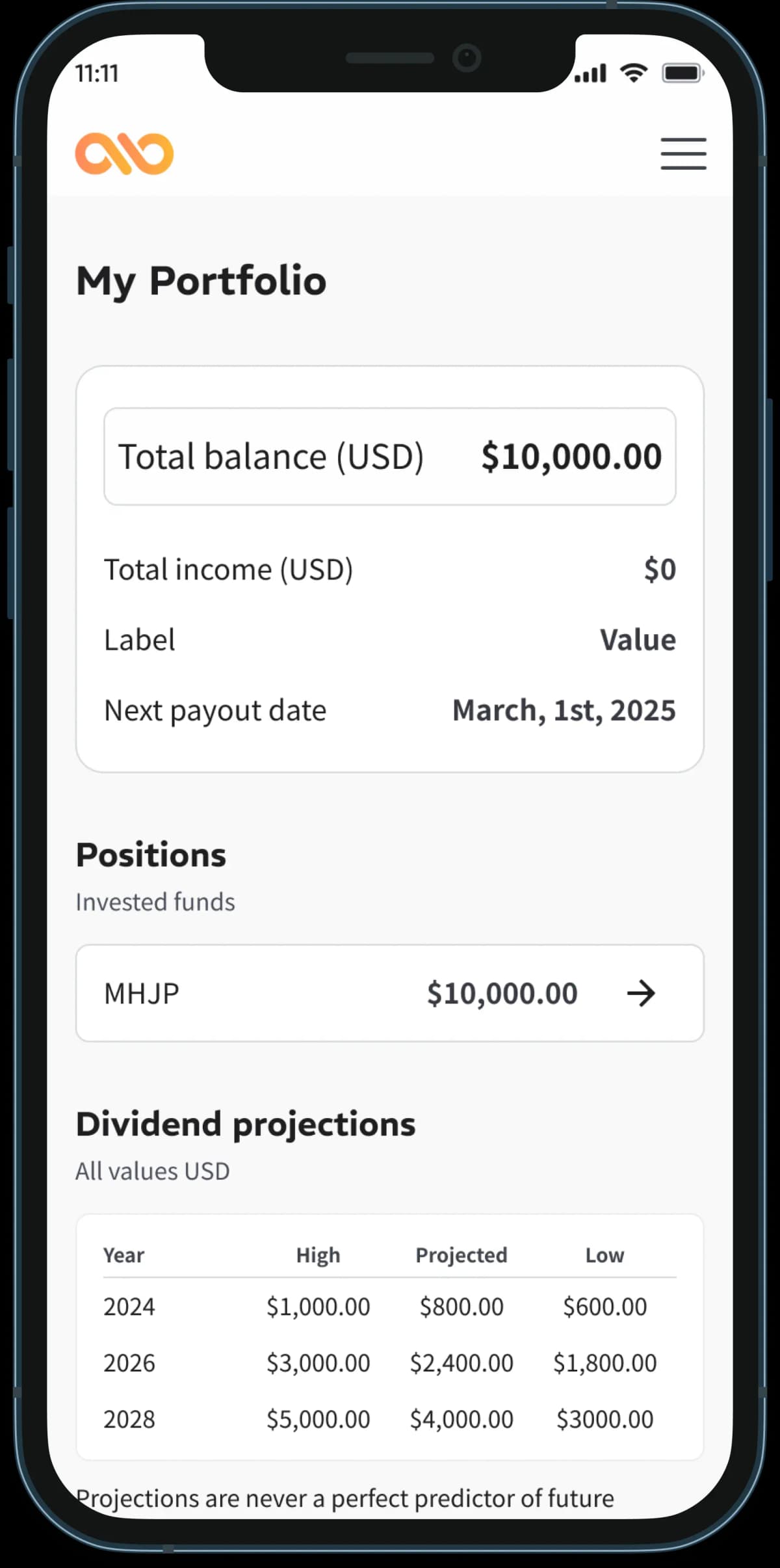 Portfolio screen with positions and dividend projections